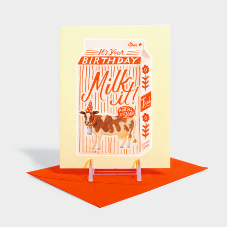 Greeting card with illustrated milk carton motif.