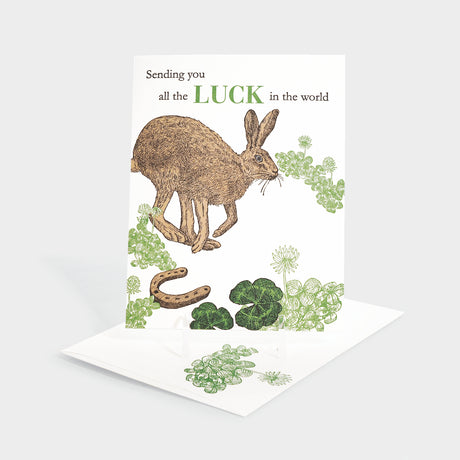 Greeting card with kangaroo, shamrock, and horseshoe motifs.