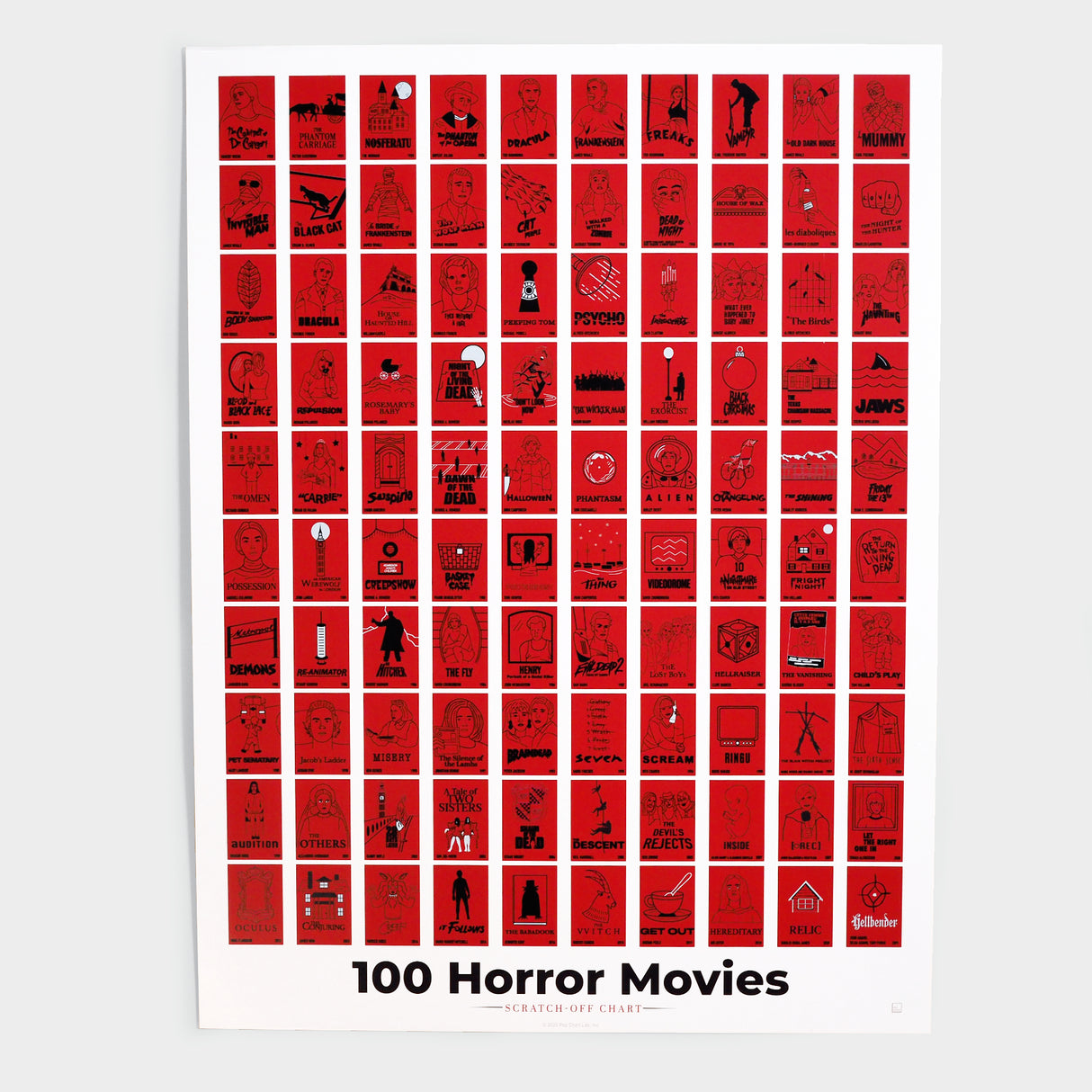 100 Horror Movies Scratch-Off Chart | 12" x 16" Print
