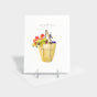 Greeting card with illustration of flowers and vegetables in a 'farm fresh' tote.