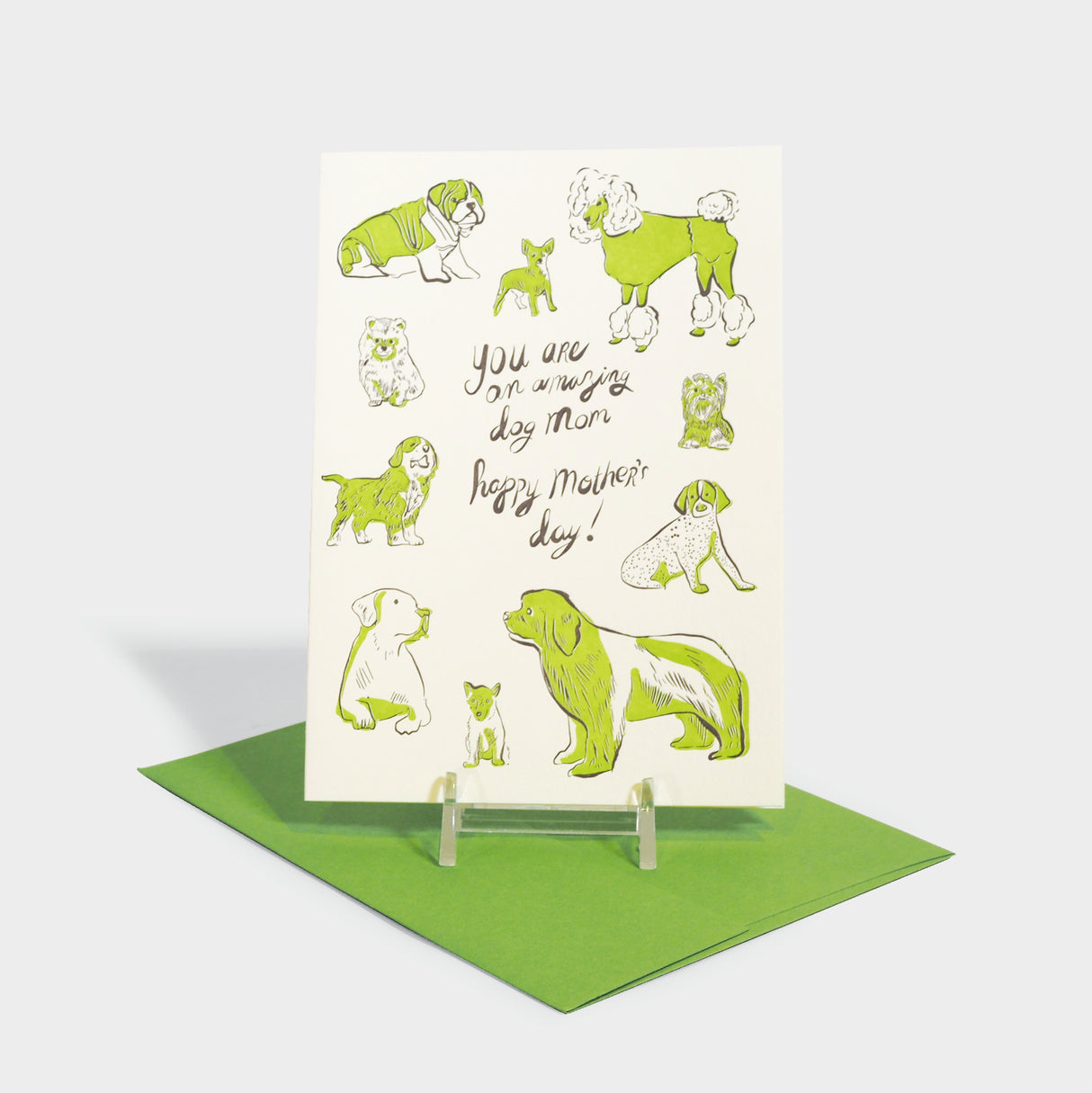 Letterpress greeting card with illustrative motifs of various dog breeds.