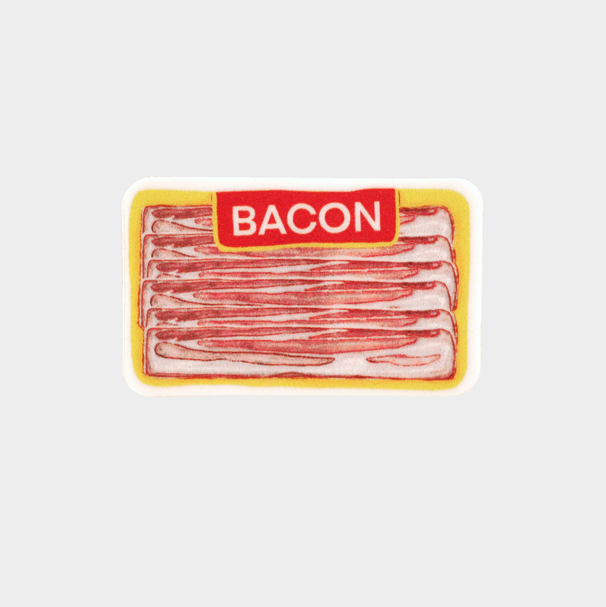 Rectangular vinyl mini sticker with bacon pack illustration. Text reads, "Bacon".