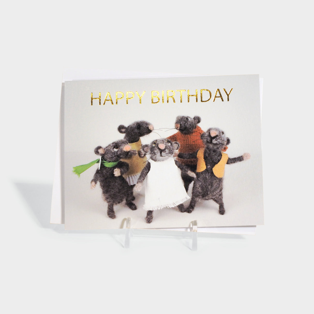 Greeting card with image of felted mice giving birthday wishes. Features gold foil-stamped text.