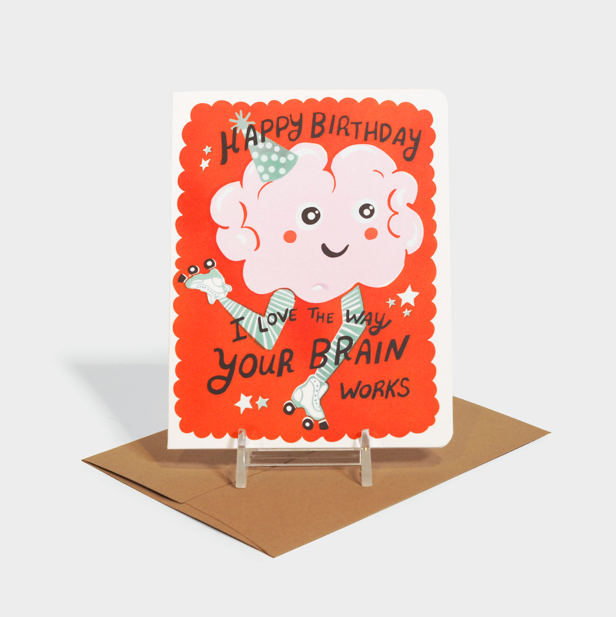 Greeting card with a brain roller skating motif.