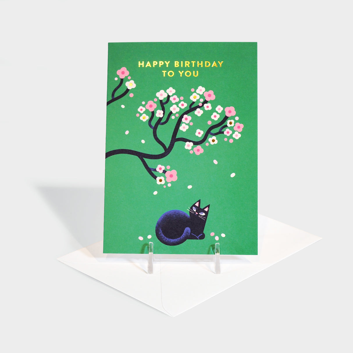 Cat & Cherry Blossom Greeting Card