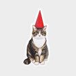 Die-cut sticker of a tabby cat in a gnome hat.