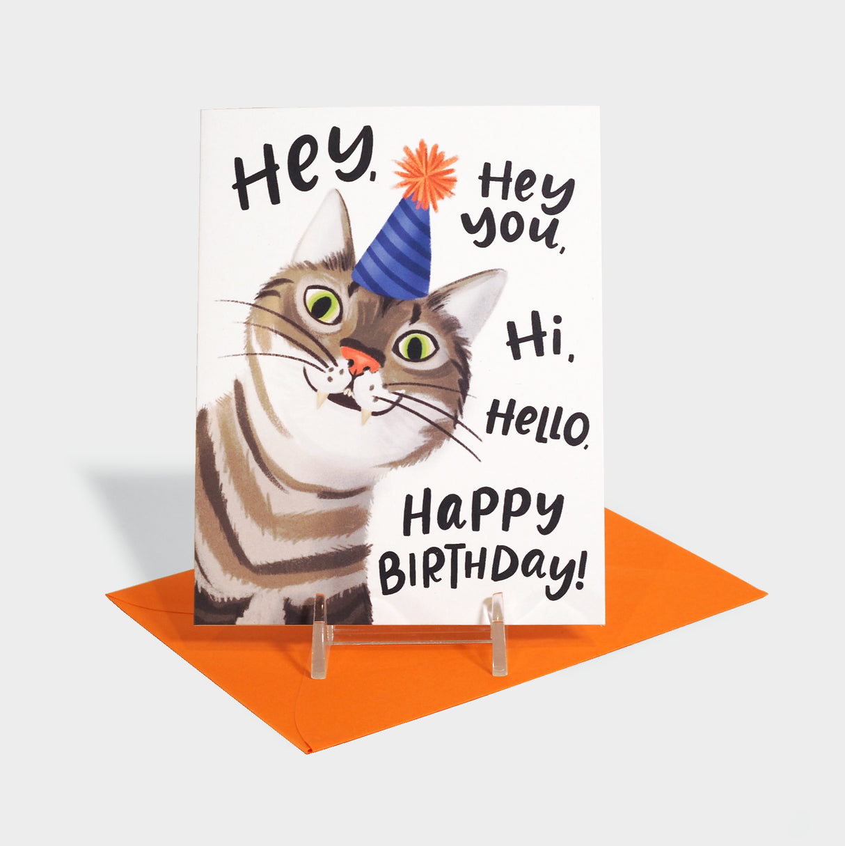 Greeting card with a cat in a party hat.