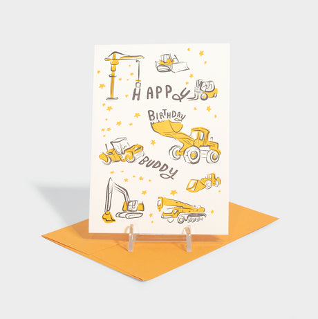 Letterpress greeting card with construction vehicles motifs.