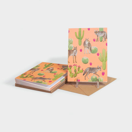 Greeting card set featuring illustration of a coyote and cactus pattern. No text on the front.