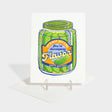 Greeting card with risograph illustration of a pickle jar.