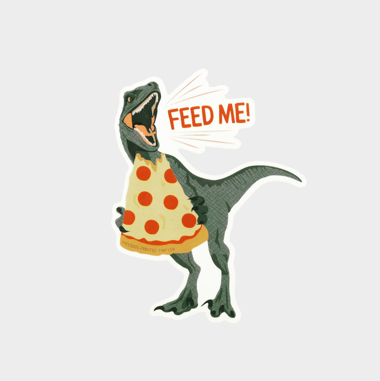 Die-cut sticker of a t-rex holding a slice of pepperoni pizza.