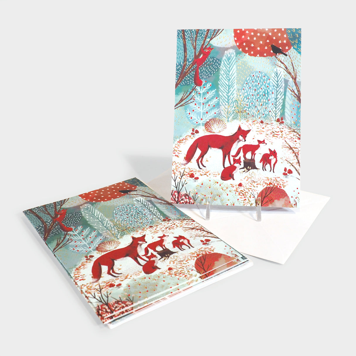 Fox Family in Forest Christmas Card Set