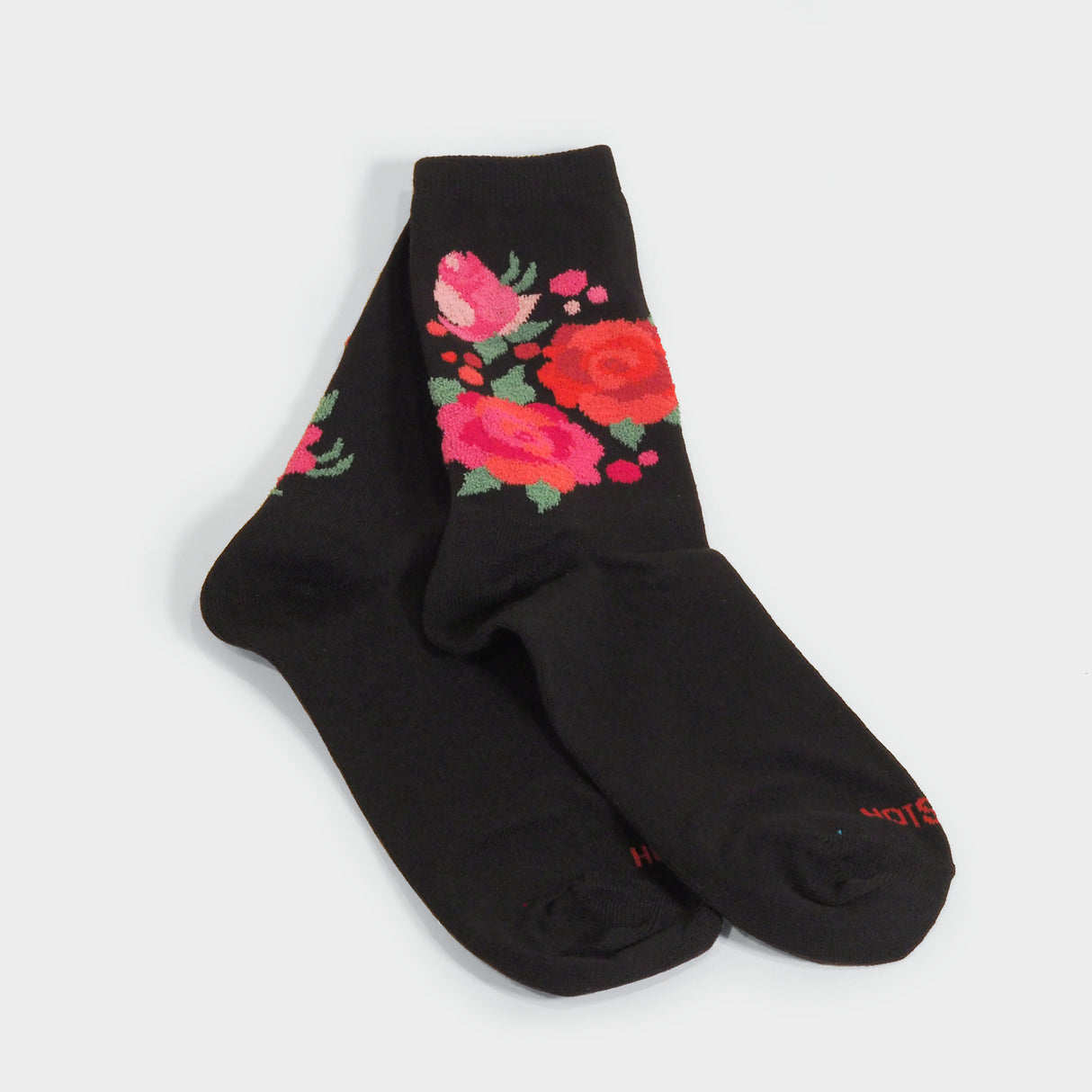 Fuzzy Floral Black Crew Socks - Small