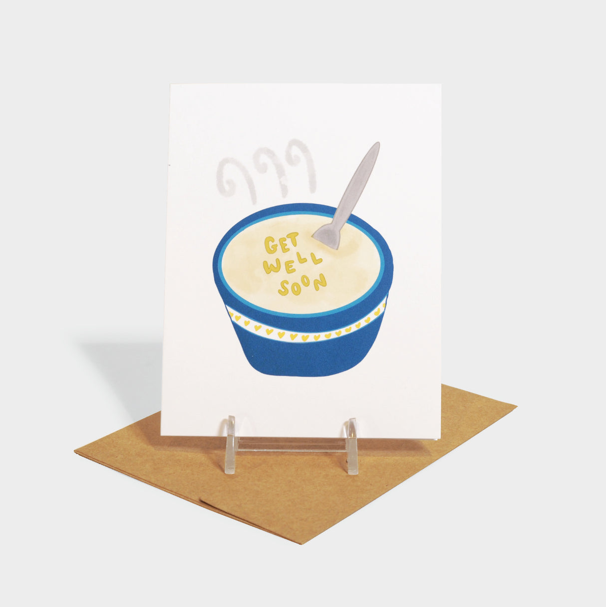 Greeting card with soup illustration of alphabet soup. Letters spell the message.