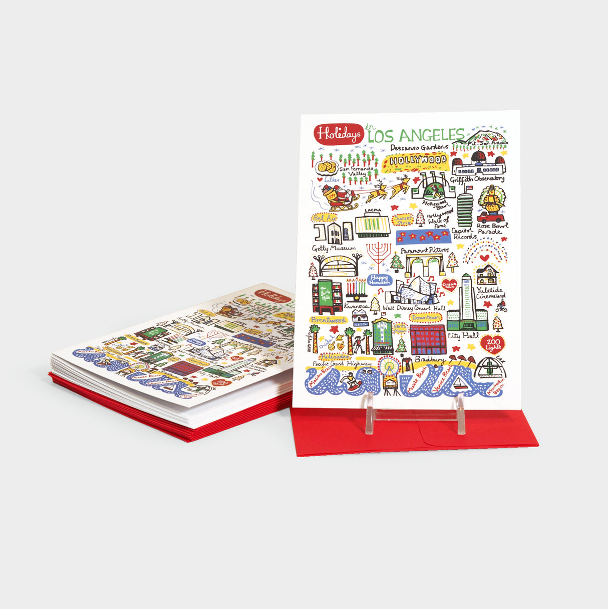 Greeting cards printed with illustrated Los Angeles landmarks, icons, museums, and iconic places.