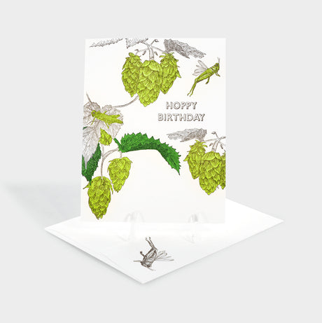 Greeting card with illustrations of hops and grasshoppers.