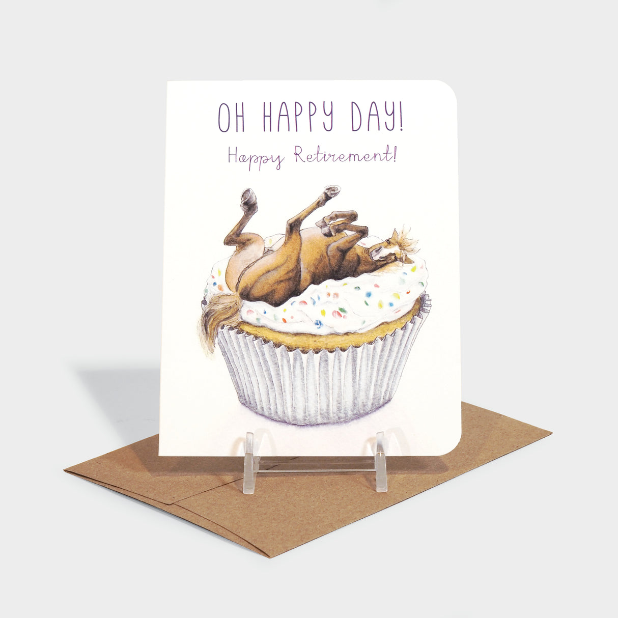 Greeting card with illustration of a horse on a cupcake.