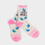 Tan socks with pink accents featuring blue dreidels. Text reads, "I like how you roll."