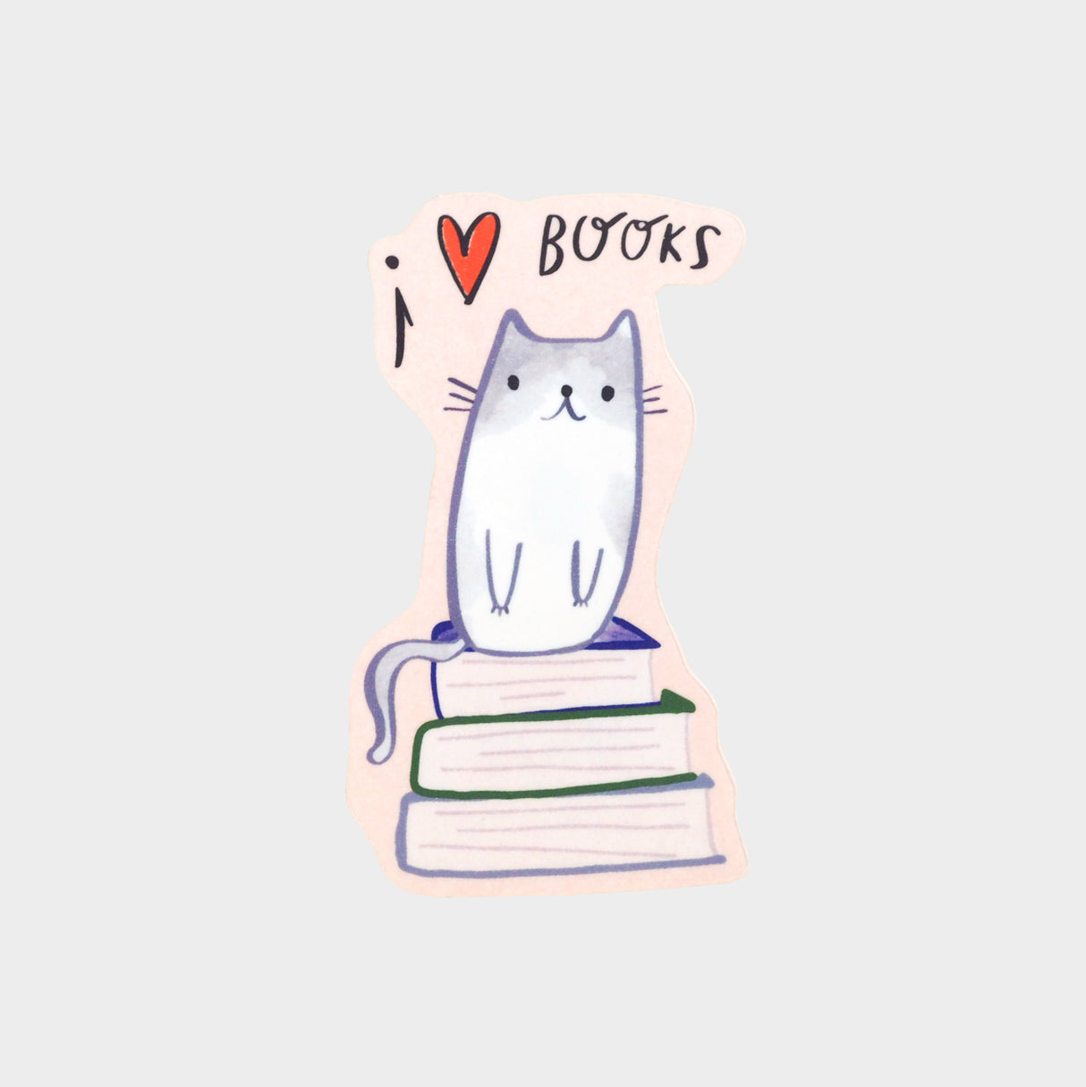 Sticker with illustration of cat sitting on a stack of books.