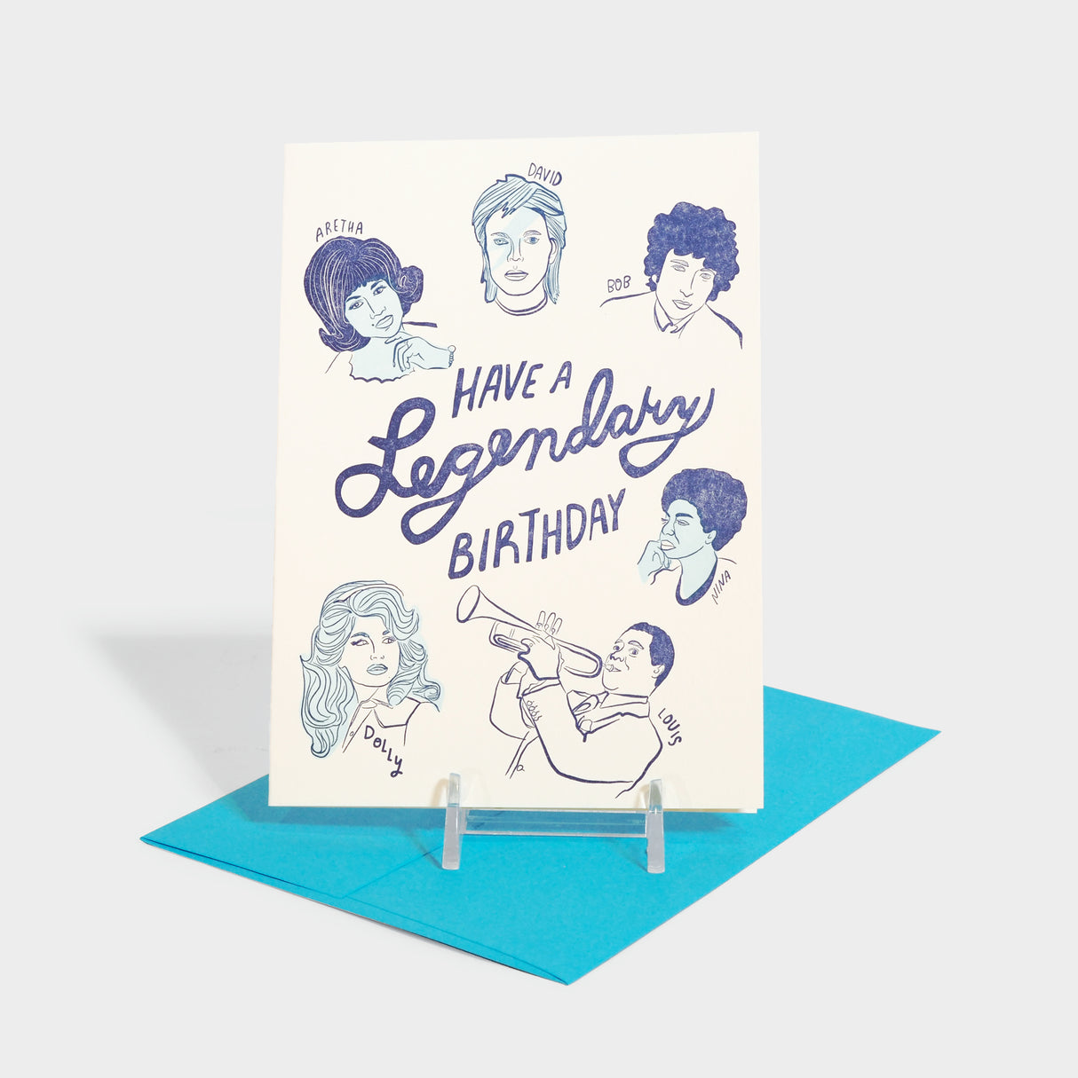 Letterpress greeting card with motifs of legendary musicians including Aretha Franklin, David Bowie, Bob Marley, Nina Simone, Louis Armstrong, and Dolly Parton.