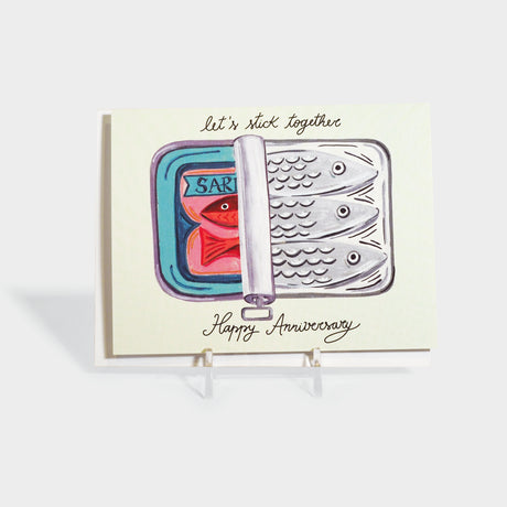 Greeting card with illustration of a sardine tin.