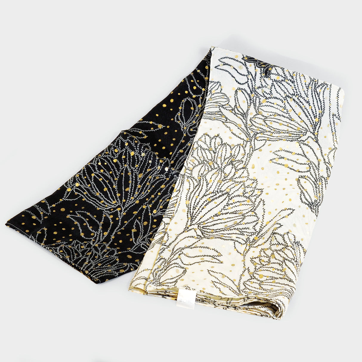 Lightweight Black & Ecru Floral Scarf with Gold Details