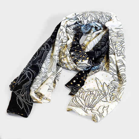 Lightweight Black & Ecru Floral Scarf with Gold Details