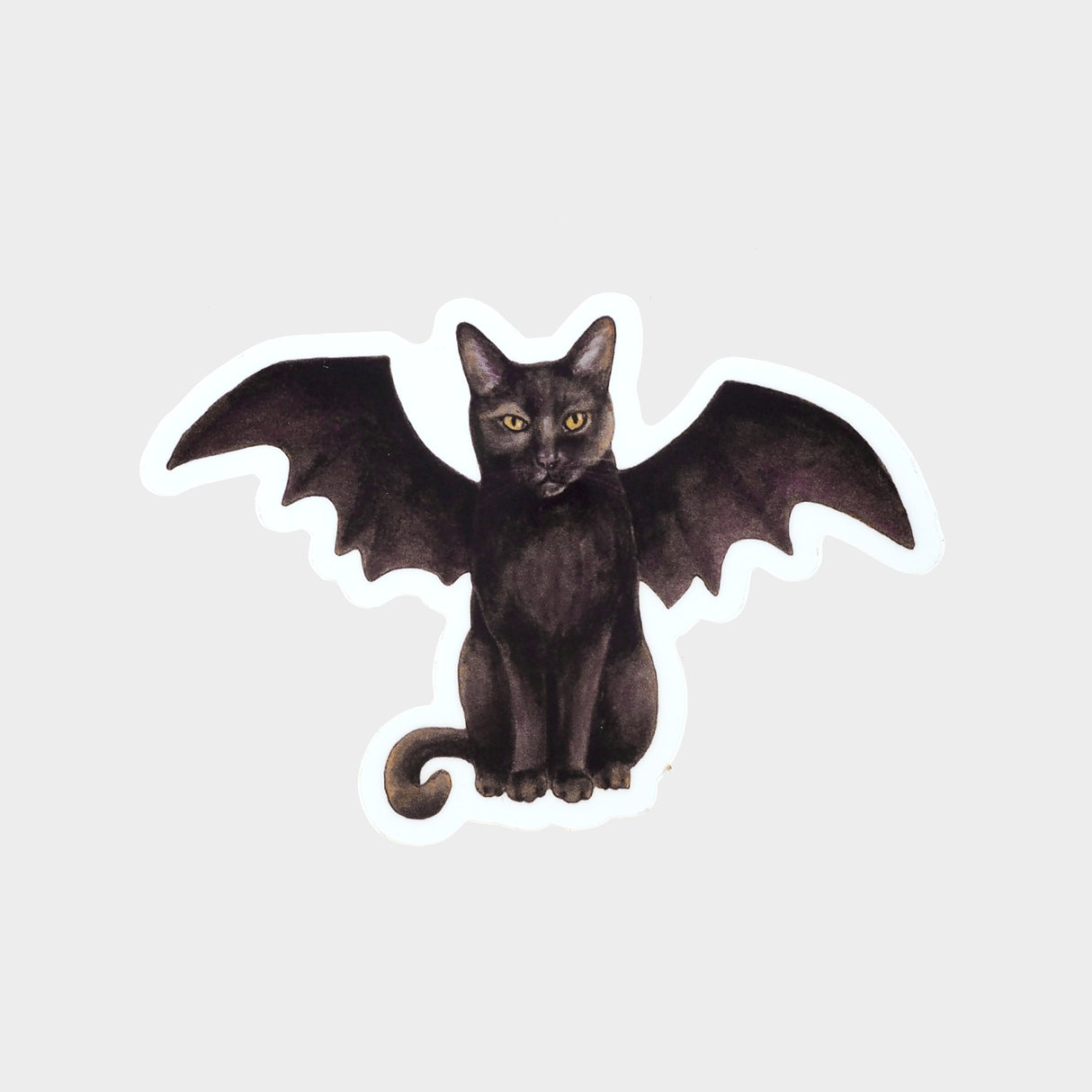 Die-cut vinyl sticker of a black cat with bat wings.