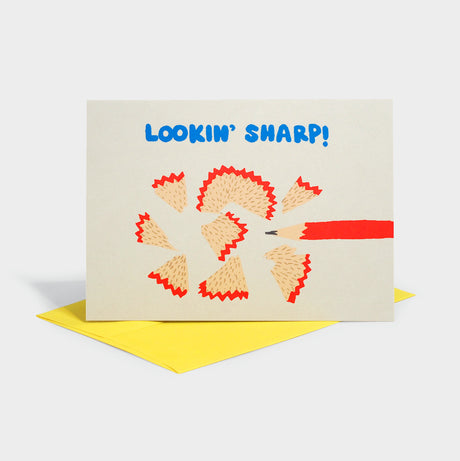 Greeting card with pencil and pencil shavings motif.