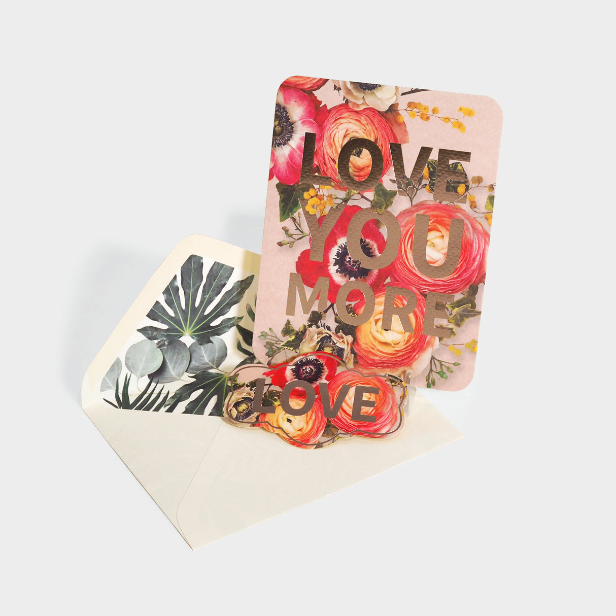 Greeting card with die-cut sealing sticker. Features peony floral motifs and copper foil-stamped lettering.