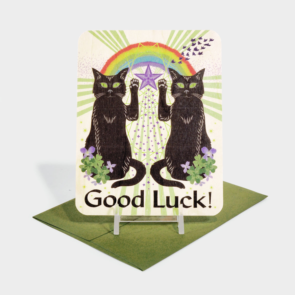 Greeting card with cats and lucky symbols illustration.