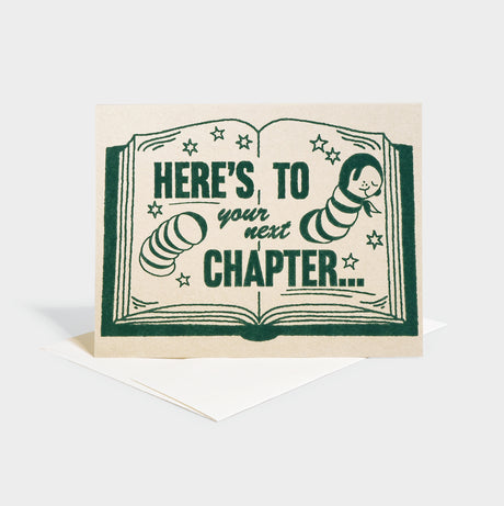 Greeting card with illustrated open book with a book worm.