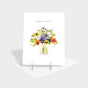 Greeting card with bouquet of pansies illustration.