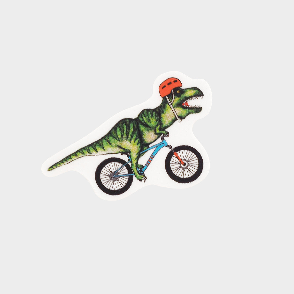 T-rex in a helmet riding a bicycle.