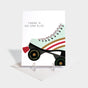 Greeting card with roller skate motif. Gold foil-stamped text on wheel.