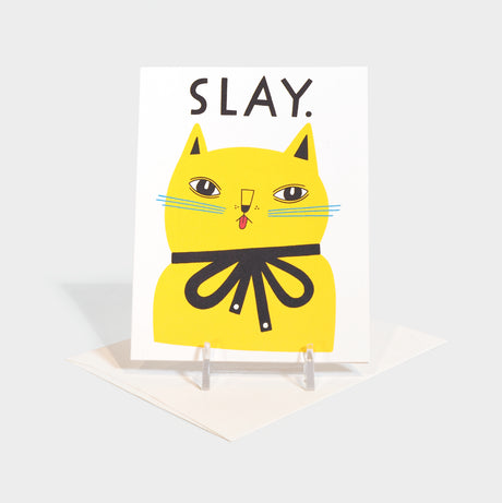 Greeting card with illustrated cat motif.