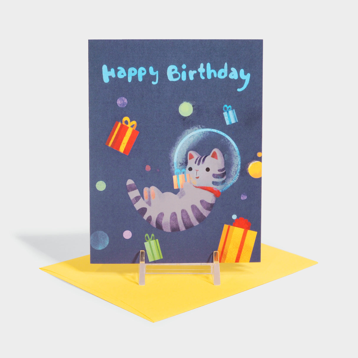 Space Cat with Gift Birthday Card