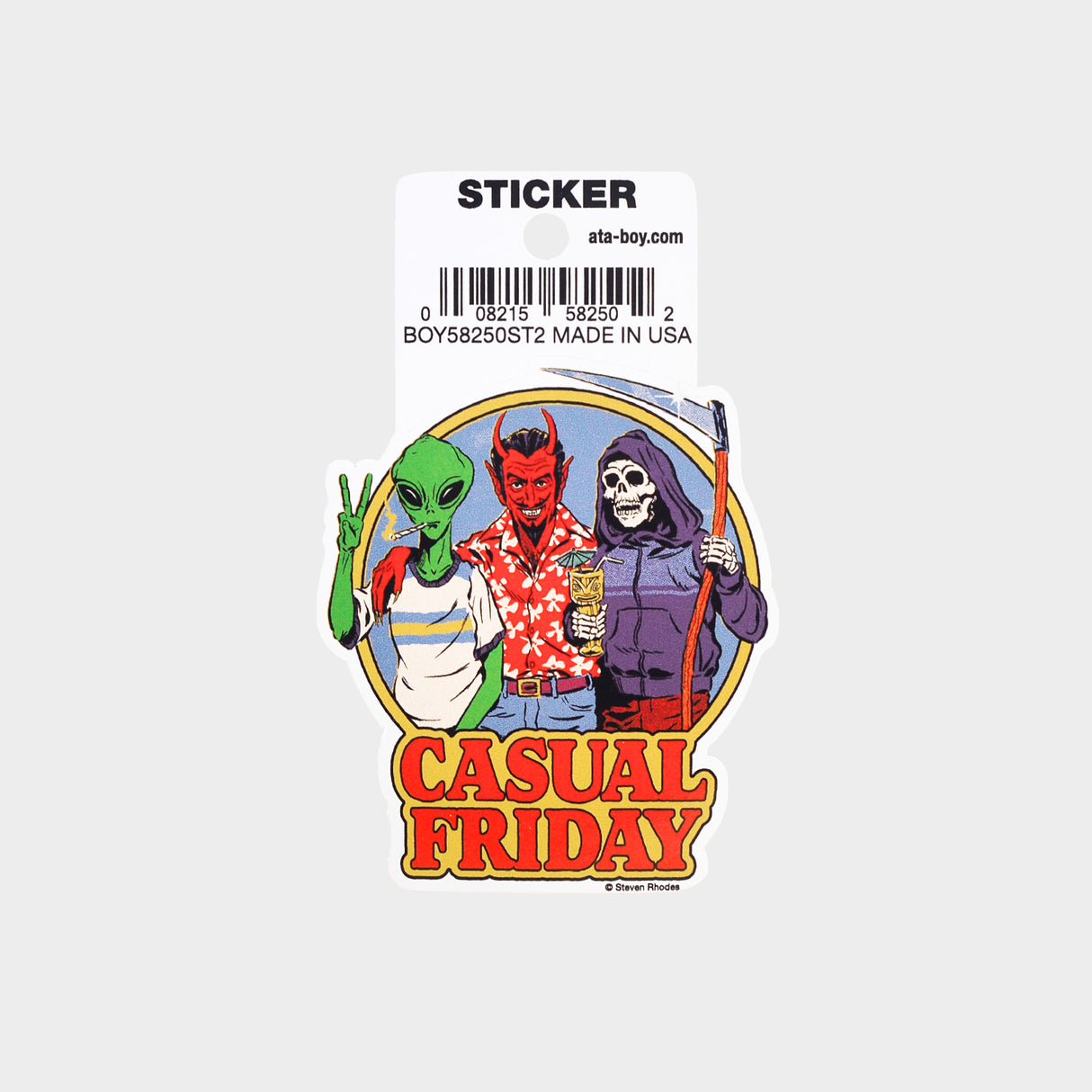 Sticker featuring retro-inspired image of an alien, the devil, and the grim reaper in casual dress.