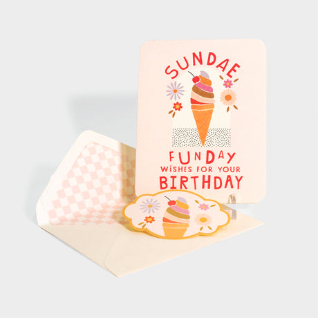 Greeting card with die-cut sealing sticker. Features ice cream sundae illustration.