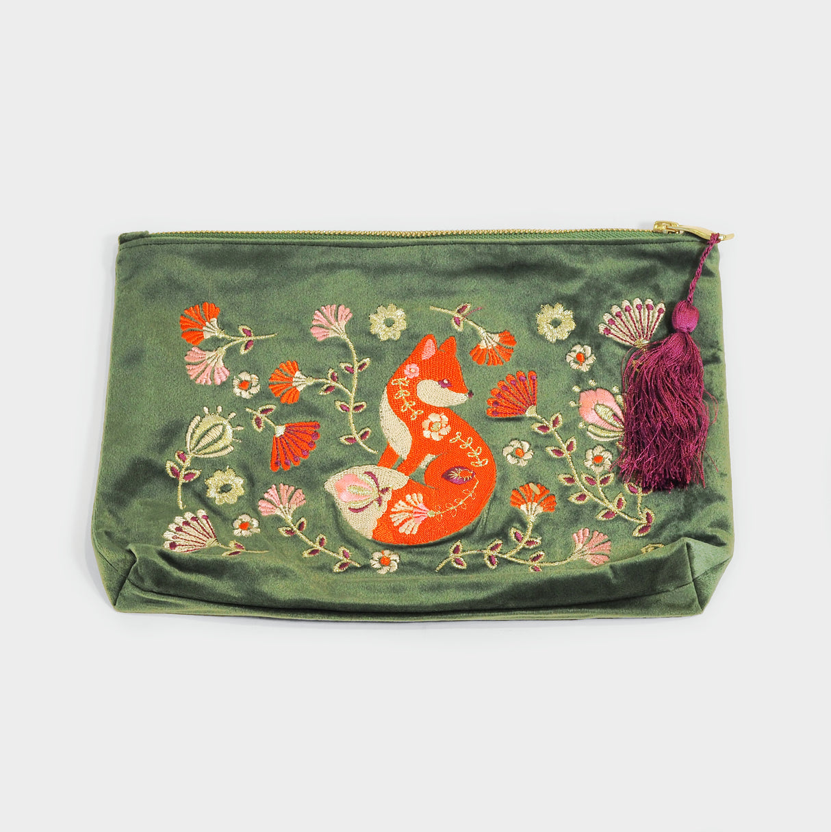 Velvet Embroidered Scandinavian Fox Zip Pouch