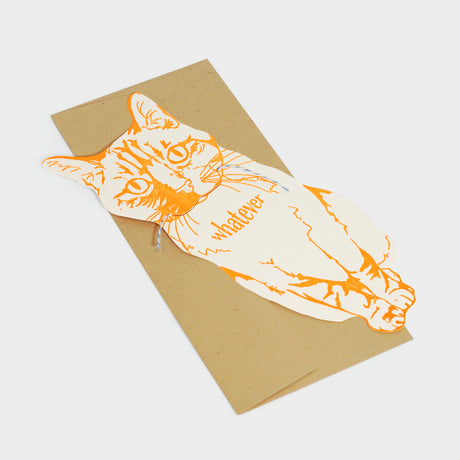 Flat, die-cut greeting card letterpressed with neon orange ink the image of a cat.