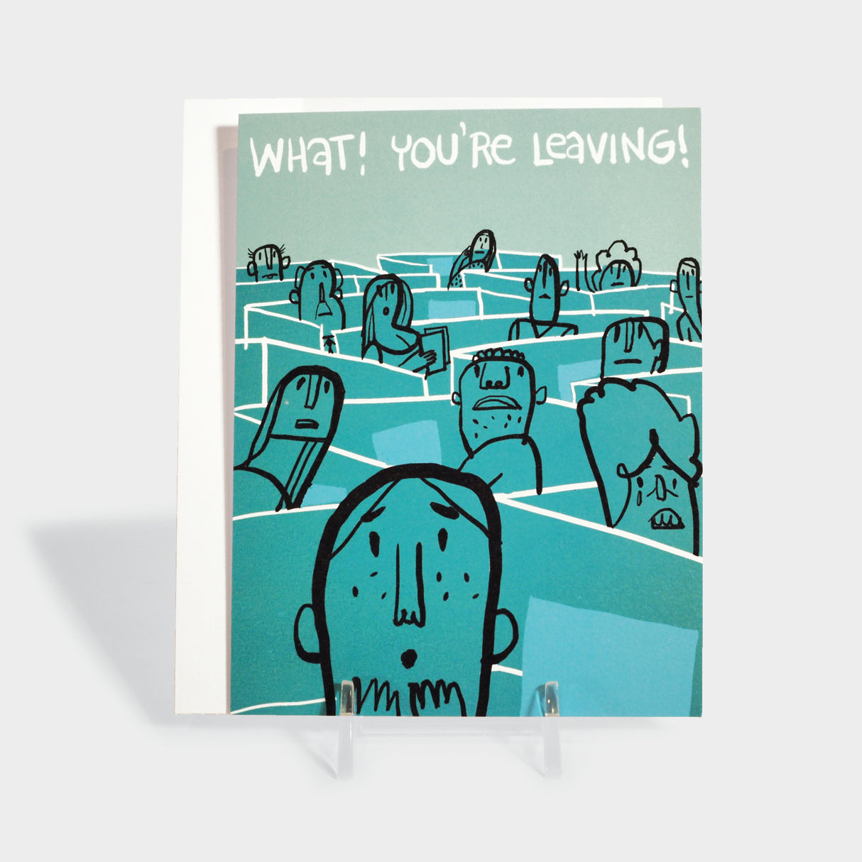 Greeting card with illustration of office workers looking surprised.