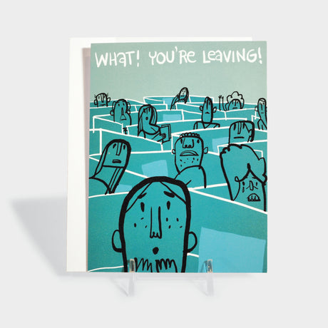 Greeting card with illustration of office workers looking surprised.